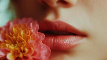 Close-up of a woman's lips with a vibrant flower during a serene moment in springtime photo