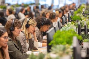 Call center employees communicate with customers while working in a modern office environment filled with greenery photo