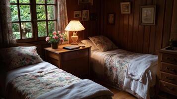 Cozy bedroom with twin beds illuminated by warm light in a rustic wooden cabin during the evening photo