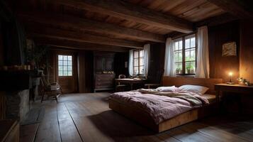 Cozy rustic bedroom with wooden beams and soft lighting creates a warm ambiance in an inviting setting photo