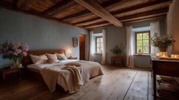 Cozy rustic bedroom with wooden beams and soft natural light in a serene countryside setting photo