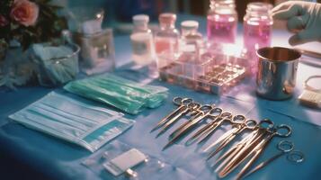 Medical tools and supplies arranged on a table in a clinical setting during a procedure preparation photo