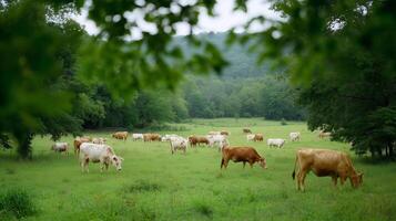 Cows grazing peacefully in a lush green pasture on a cloudy day in rural countryside photo