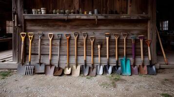 Collection of diverse gardening tools arranged neatly against a rustic wooden backdrop in a workshop photo