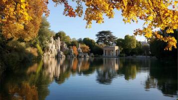 Autumn reflections in a serene park near a classical pavilion under a clear sky photo