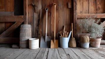 Rustic tools and containers arranged on a wooden floor in a barn during daylight photo