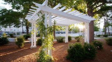 Beautiful garden pergola in a peaceful urban park during late afternoon sunlight with lush greenery around photo