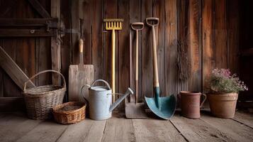 Collection of gardening tools and accessories arranged in a rustic setting with wooden backdrop photo