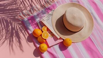 Relaxing summer afternoon with straw hat, fresh oranges, and a book on a colorful blanket by the poolside photo