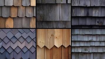 Wooden shingles in various shades and textures found on a rustic building in a forest setting during daylight hours photo