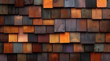 Wooden shingles in varying colors create a rustic and textured facade on a building exterior in natural light photo
