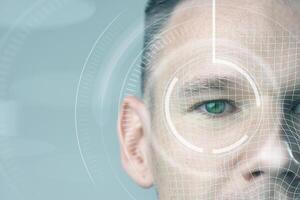 Close-up of a person's eyes showing advanced biometric facial recognition technology in a futuristic setting photo