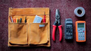 Tool pouch with various tools and measuring devices arranged on a fabric surface during a home improvement project photo