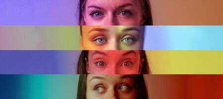 Various close-up shots of eyes showcasing different colors and expressions against vibrant backgrounds photo