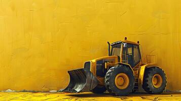 A yellow wall with a bulldozer in front of it photo