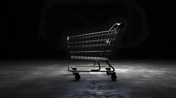 A shopping cart is shown in the dark photo