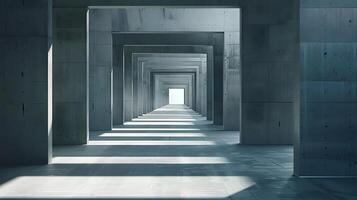 A long hallway with concrete pillars and light coming through photo