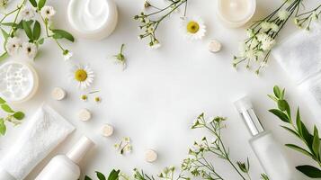 Beauty products arranged around a white table photo