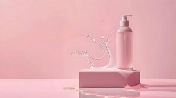 A bottle of liquid soap is sitting on a pink table photo