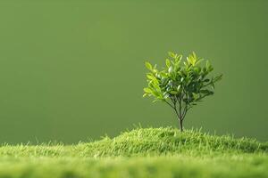 A small tree is standing on top of a green field photo