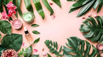 Beauty products and plants on a pink background photo