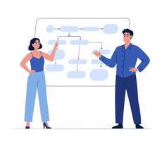 Man and woman discussing business strategy while pointing to different options on a digital flowchart. Concept of teamwork discussion, corporate planning. Hand drawn illustration. vector