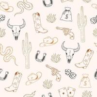 Seamless pattern with cowboy boot, hat and cacti on light background. Hand drawn illustration for wrapping paper, textile, fabric. vector