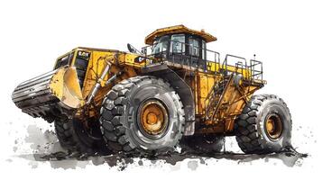 A large yellow bulldozer is shown in this watercolor painting photo