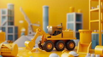 A toy construction vehicle sits in front of a building photo