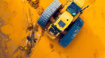 A yellow bulldozer is driving through a muddy field photo