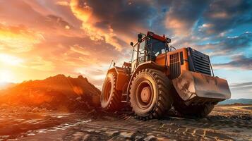 A large bulldozer is driving on a dirt field photo