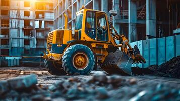 A construction vehicle is parked in front of a building photo