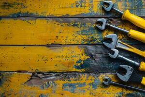 A group of wrenches on a wooden table photo
