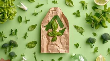 Paper bag with vegetables and plastic bottles on green background photo