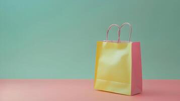 A yellow paper bag on a pink and blue background photo