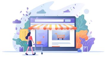 A woman is standing in front of a laptop with a shopping cart photo