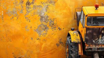 A close up of a yellow truck with a large dent in the side photo