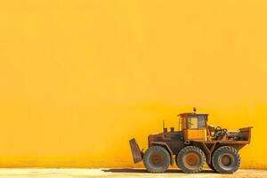 A yellow construction vehicle parked in front of a wall photo