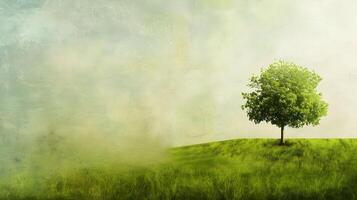 A single tree on a green hill with a cloud in the background photo