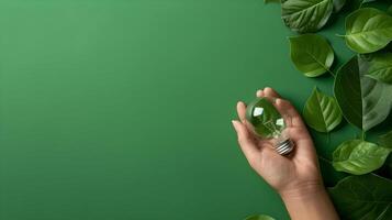 Green energy concept with hand holding light bulb and green leaves on a green background photo