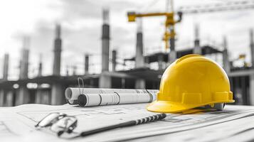 Construction helmet and construction plans on a table photo