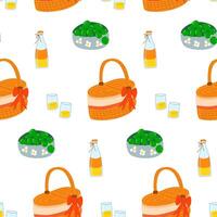 Picnic seamless pattern. Picnic basket with grape and bottle of juice. vector