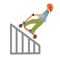 Young child doing tricks on scooter. Scooter ramp. Kid jump on scooter ramp. vector