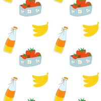 Summer seamless pattern with fruits and bottle of juice. Strawberry, banana and drink. vector