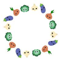 Round frame with cute vegetables. Veggies with smiling faces. vector
