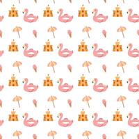 Summer seamless pattern with flamingo, sand castle, umbrella and ice cream. vector