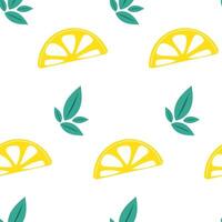 Seamless pattern with lemon slice and green leafs. vector