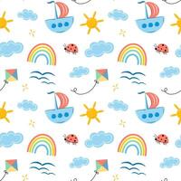 Summer seamless pattern with ship, rainbow, lady bug, kit and clouds. vector