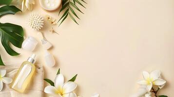 Spa products on a beige background with white flowers photo