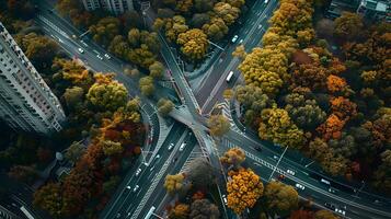 An aerial view of a city intersection in the fall photo